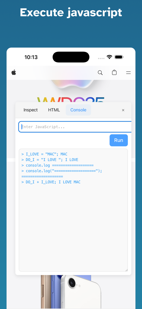 Web Inspector for Safari - JavaScript console interface in Web Inspector for Safari on iPhone