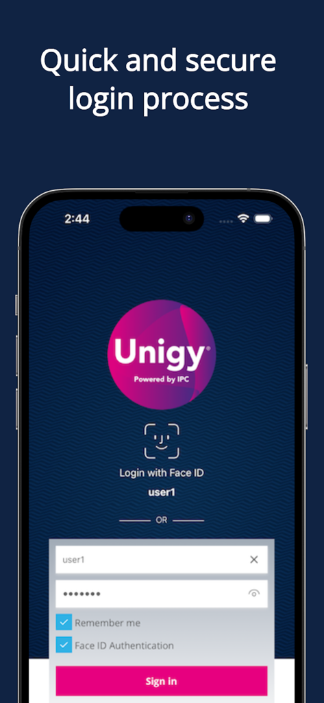 Unigy Mobile Client - Unigy Mobile Client secure login screen with Face ID and manual sign in options