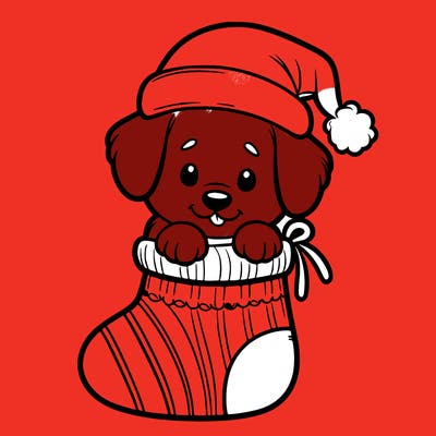 cute puppy wearing santa hat in socking