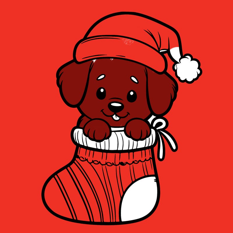 cute puppy wearing santa hat in socking