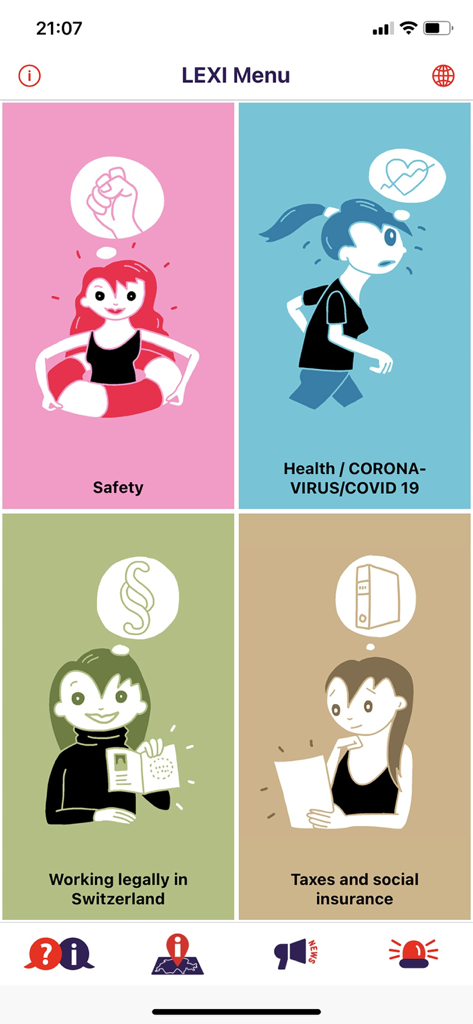 LEXI App - Main menu of the LEXI App displaying four categories including safety health legal work in Switzerland and taxes and social insurance