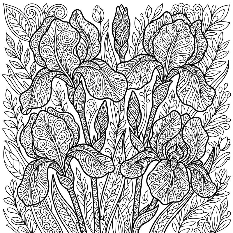 Delight in the intricate beauty of our Zentangle Purple Irises coloring page, featuring stunning floral patterns designed for mindful artistic expression. This detailed template invites you to unwind and bring vibrant life to each unique botanical motif.