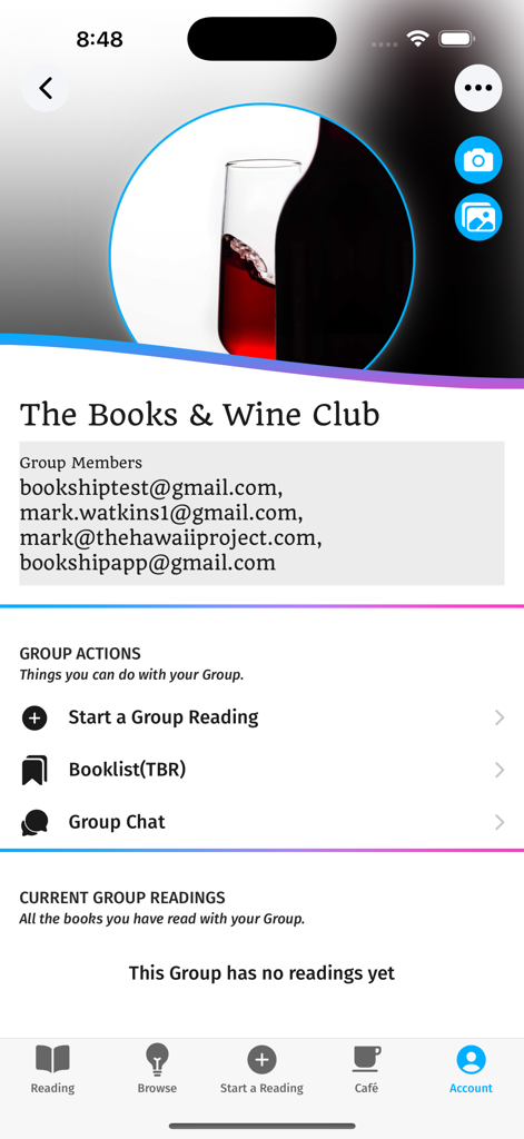 Bookship: a virtual book club - Bookship app interface displaying the profile and management tools for a virtual book club group