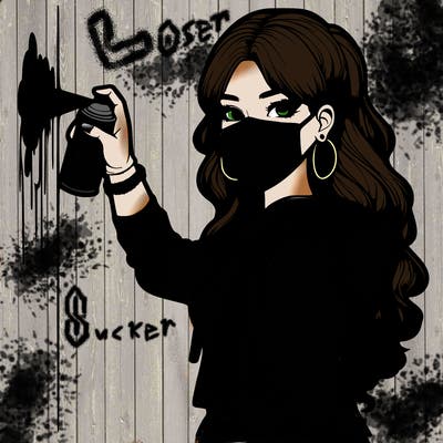 realistic girl with mask spray painting a wall