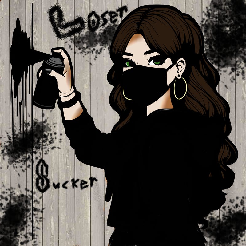 realistic girl with mask spray painting a wall