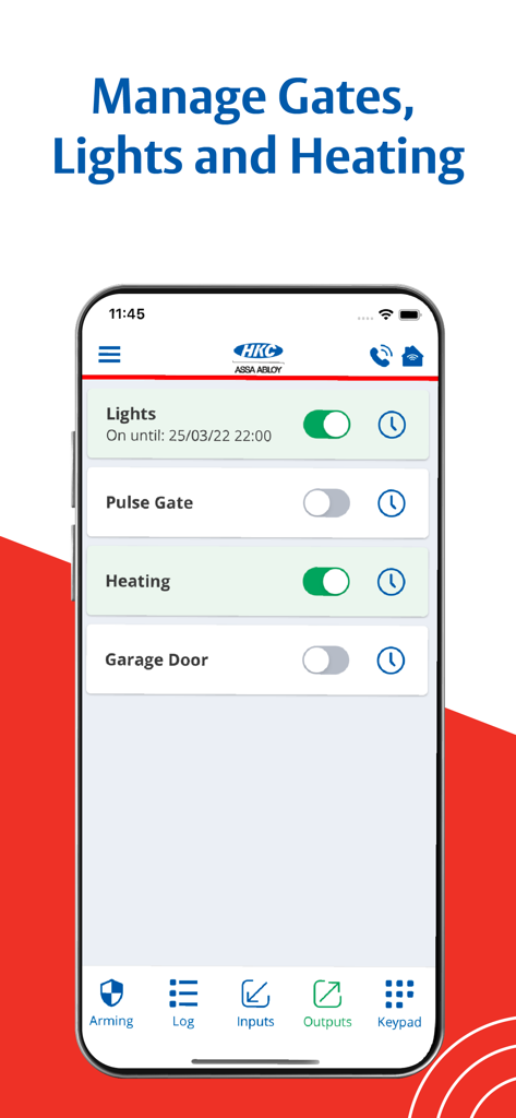 HKC SecureComm 2 - HKC SecureComm 2 app interface showing remote control switches for lights, gates, and heating.