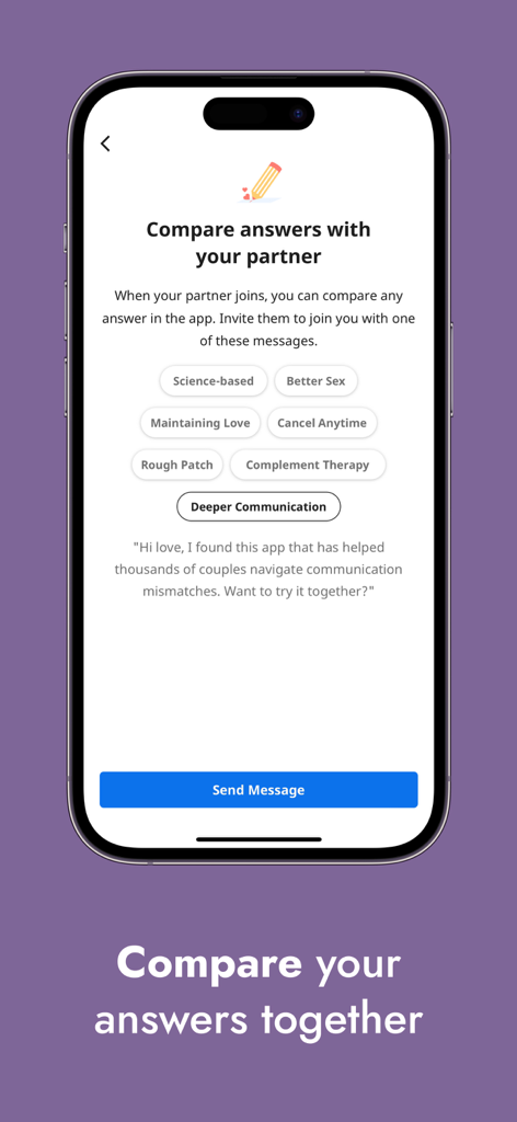 A mobile screen titled Compare answers with your partner showing messaging options to invite a partner