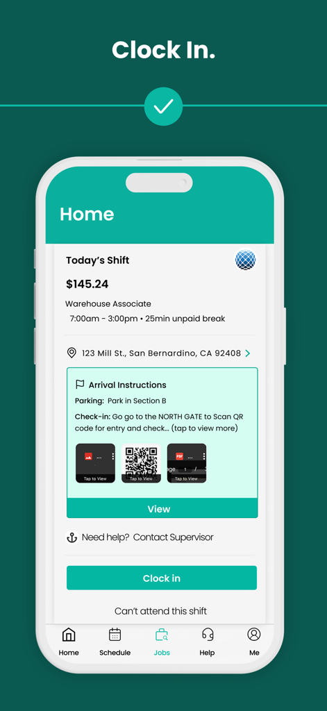 WorkWhile - WorkWhile app home screen showing warehouse associate shift details and clock in button