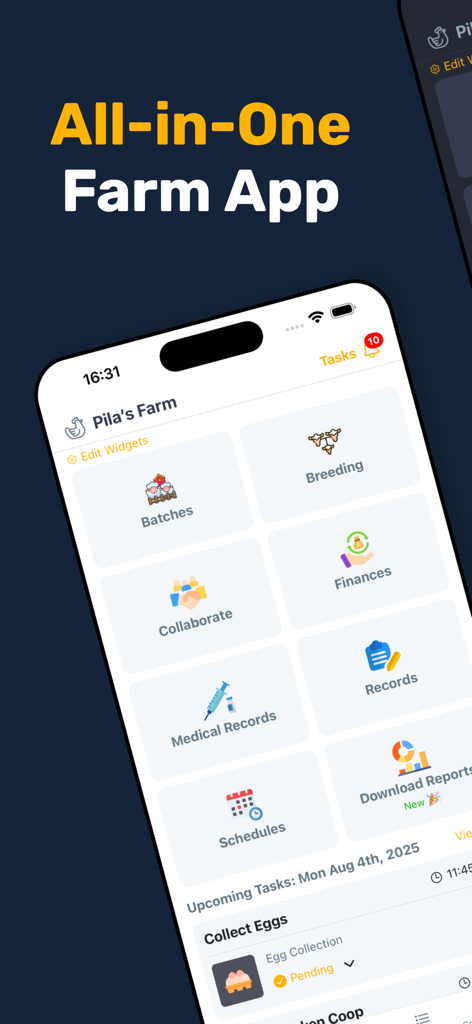 Livestock Manager Farm Tracker - Dashboard of the Livestock Manager app showing various farm management modules and upcoming tasks