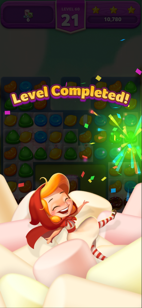 Lollipop2 & Marshmallow Match3 - Lollipop 2 game screen showing level completed with Jenny character celebrating