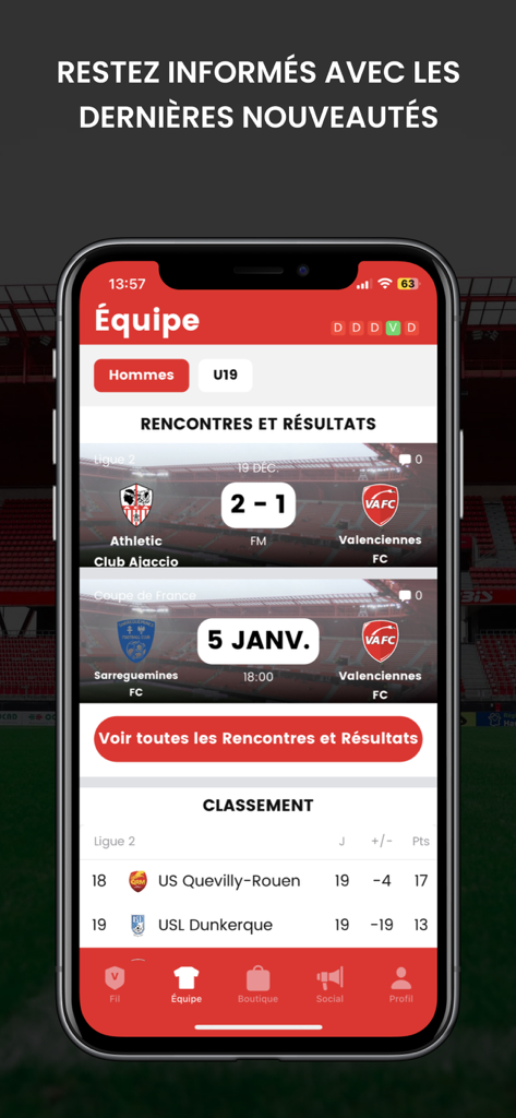 Valenciennes FC - Valenciennes FC official app interface showing match results fixtures and league standings