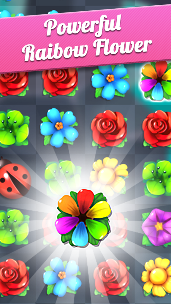 Flower Crush - Match 3 & Blast Garden to Bloom! - Flower Crush match 3 gameplay featuring a powerful rainbow flower power up and colorful blossoms.