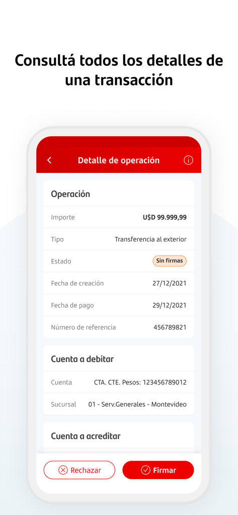 Santander Empresas Uruguay - Santander Empresas Uruguay app screen showing business transaction details with options to approve or reject a foreign transfer