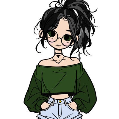 girl with a messy ponytail glasses a baggy crop top and jean shorts