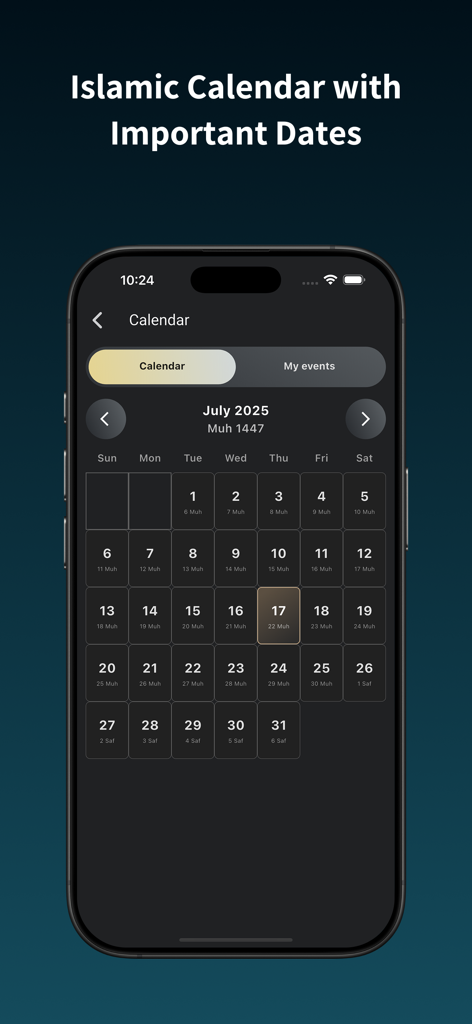 Muslim Times Pro: Prayer,Quran - Interface do aplicativo móvel mostrando o calendário islâmico Hijri e Gregoriano para julho de 2025.