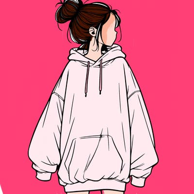 realistic girl with a oversized sweatshirt on and a bun