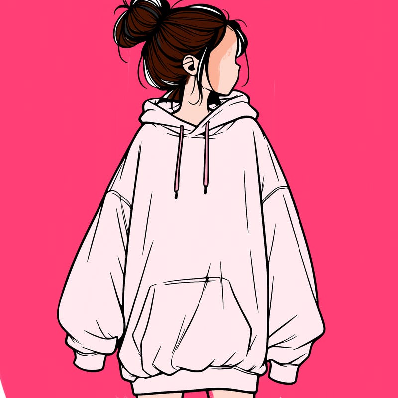 realistic girl with a oversized sweatshirt on and a bun
