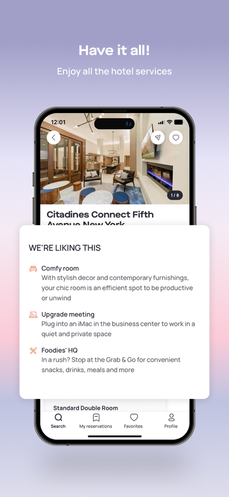 Dayuse.com - Interface de l'application Dayuse montrant les services et installations de l'hôtel comme des chambres confortables et des centres d'affaires pour une réservation d'hôtel à New York