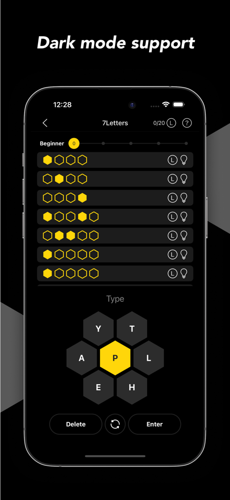 Spelling Word Puzzle - Pangram - Interface do jogo de quebra-cabeça de palavras 7Letters com uma grade em favo de mel em modo escuro