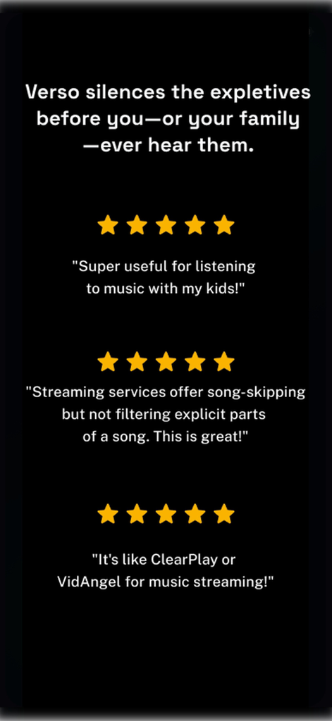 Verso: Clean Music AI - Verso Clean Music AIの肯定的なユーザーレビューの表示。家族向けに不適切語をフィルターする効果を説明しています。