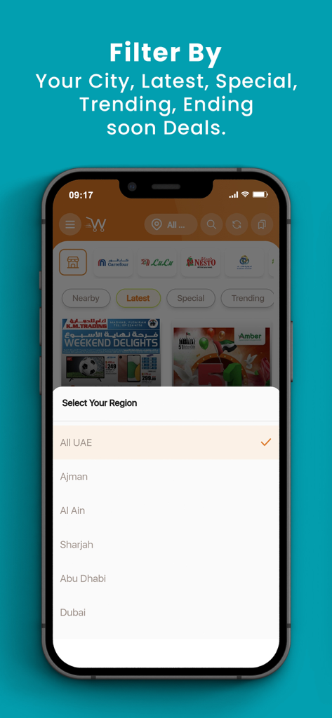 WoWDeals: Shopping Deals - WoWDeals app interface showing region selection for UAE cities including Dubai and Abu Dhabi