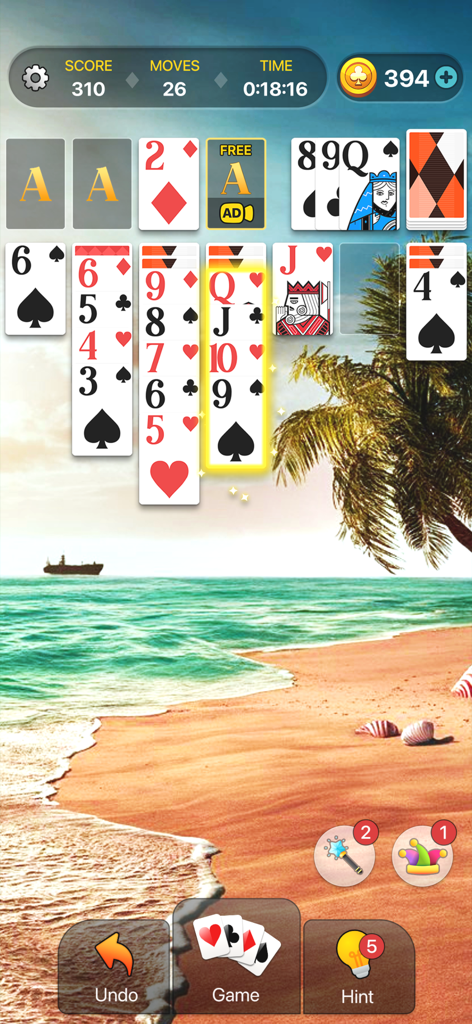 Klondike Solitaire- Card Games - Jugabilidad del Solitario Klondike clásico con cartas grandes y un relajante fondo de playa tropical