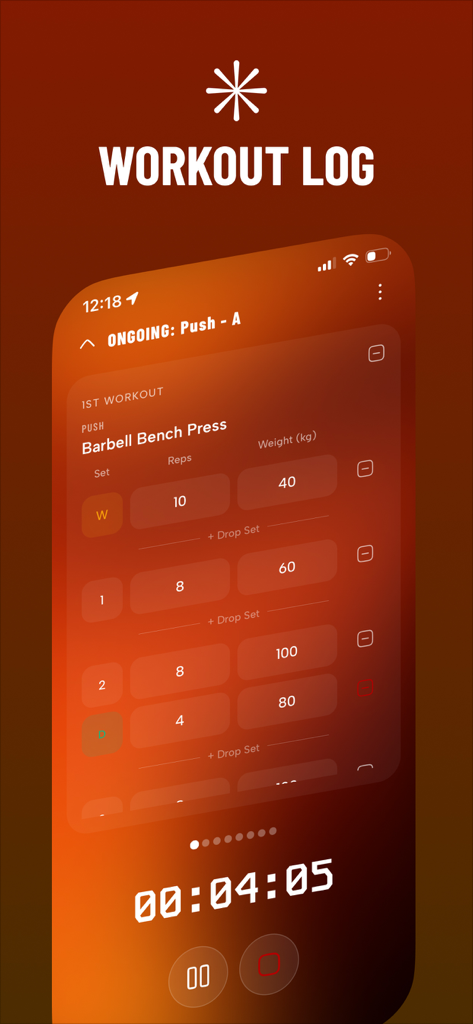 GYMRAT app interface displaying a barbell bench press workout log and timer