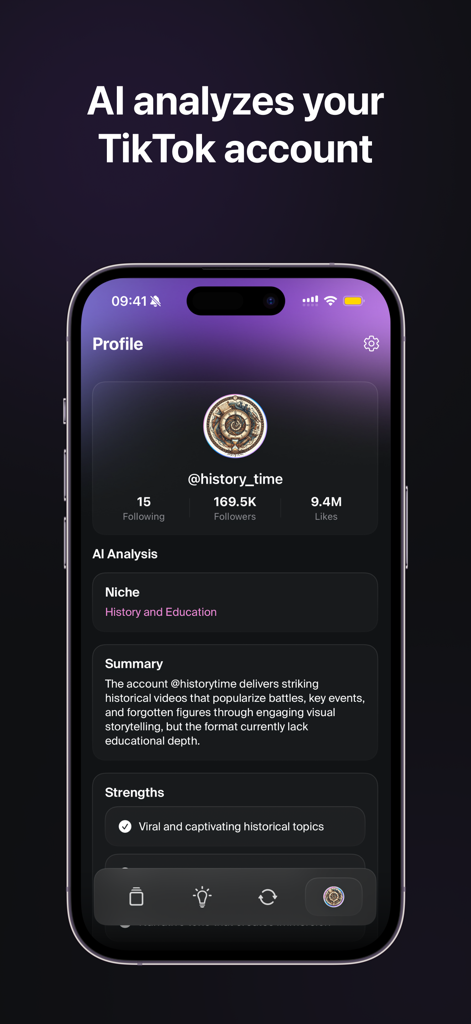 Blow Up: Go Viral With AI - Interface de l'application Blow Up montrant une analyse IA d'un profil TikTok avec les statistiques du compte et des informations sur la niche