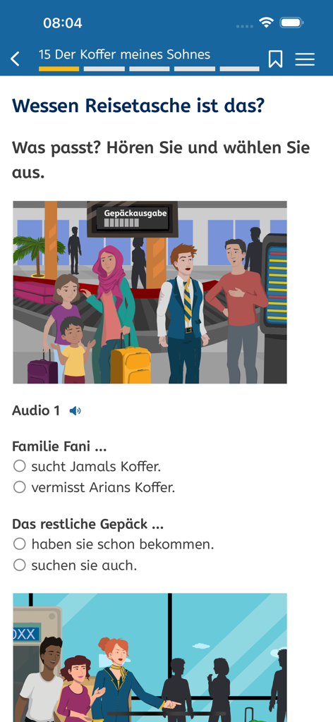 B1-Deutsch - B1 German language learning app screen featuring a listening comprehension exercise set at an airport baggage claim
