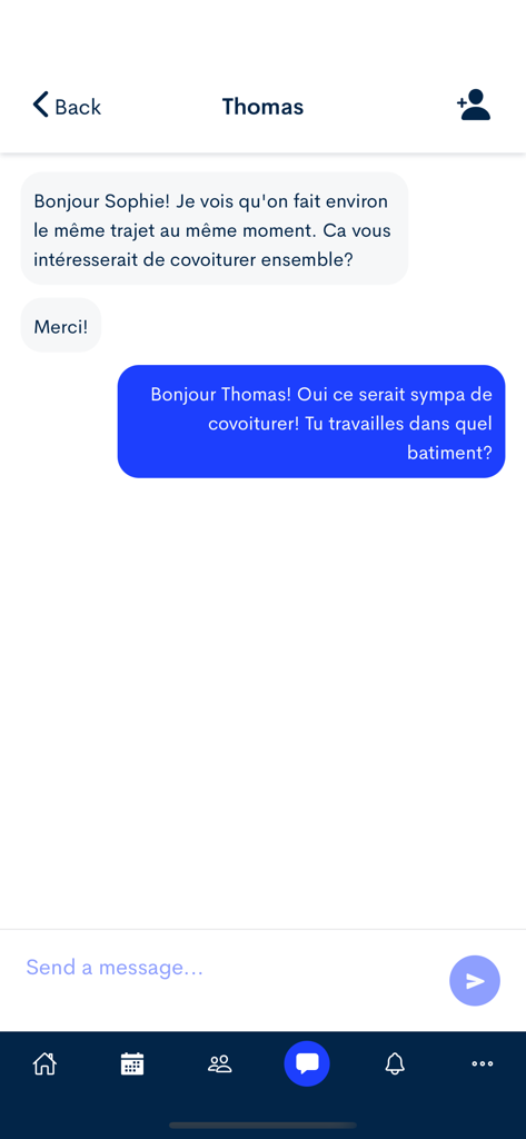Commuty - A mobile app screen showing a chat between colleagues coordinating a carpool.