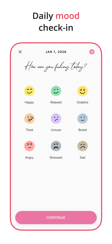 Floret app mood check-in screen with aesthetic icons for tracking daily feelings