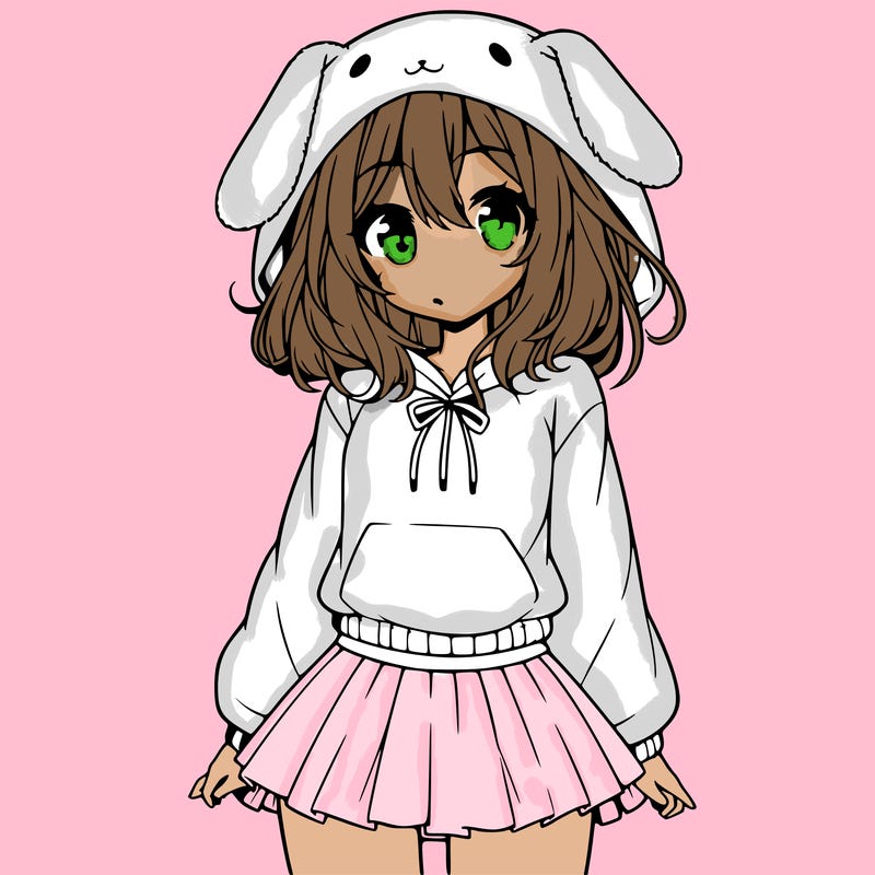 pretty anime girl wearing a fluffy hoodie with bunny ears on the hood and a skirt