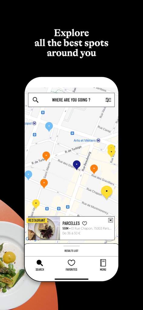 FOODING® - The Fooding app displaying a geolocation map with curated restaurant pins in France and a restaurant preview card.