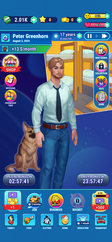 Gameplay screen of Cash Masters Billionaire Life showing a character starting his career journey with a pet dog