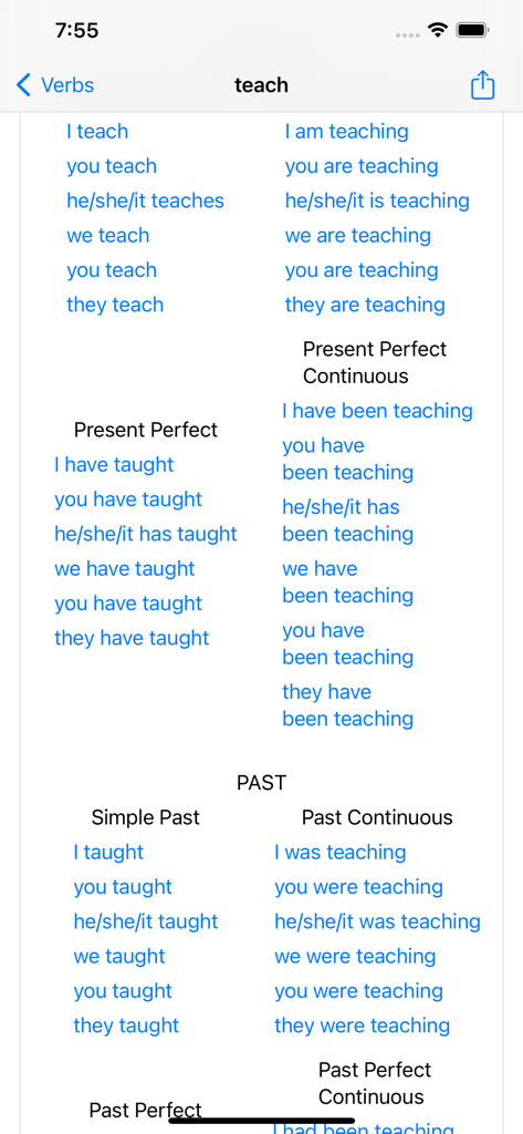 English Verbs - 様々な時制での英動詞「teach」の活用表。