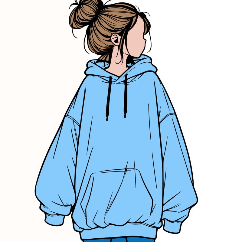 realistic girl with a oversized sweatshirt on and a bun