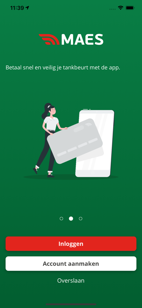 MAES App Onboarding-Bildschirm mit einer Illustration einer Frau mit einer Kreditkarte und einem Smartphone für mobile Kraftstoffzahlungen