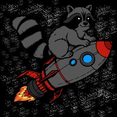 realistic raccoon flying on top rocket ship