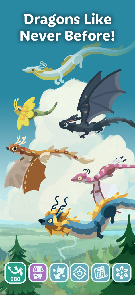 A group of unique and colorful flying dragons in a bright sky with the text Dragons Like Never Before