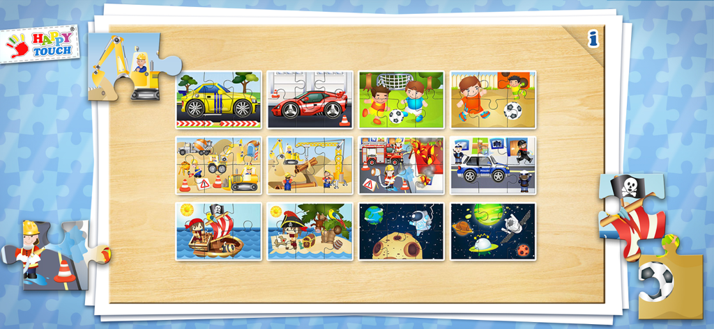 BOY-GAMES PUZZLE Happytouch® - Puzzle selection screen featuring themes like cars construction pirates and space for kids