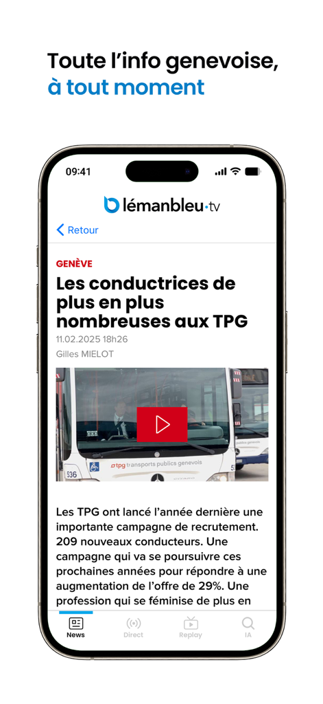 Léman Bleu - Smartphone que muestra la aplicación Leman Bleu con un artículo de noticias sobre el transporte local de Ginebra