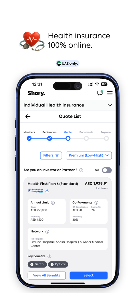 Shory Insurance | شوري - Una interfaz de aplicación móvil de Shory que muestra detalles y cotizaciones de planes de seguro de salud.