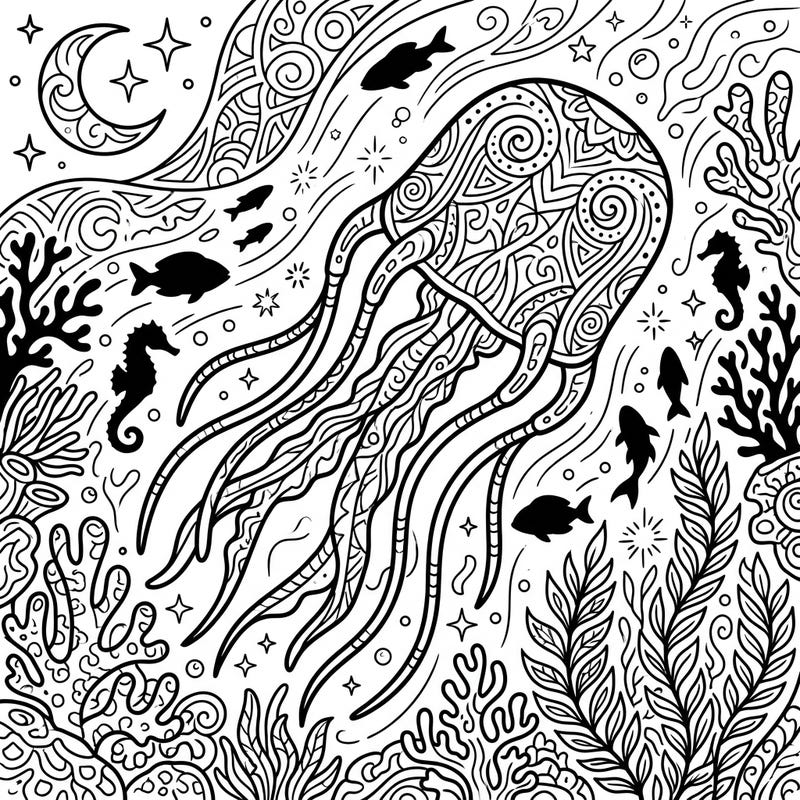 Explore the mysteries of the deep with this stunning box jellyfish coloring page set against a captivating night ocean backdrop. Its intricate patterns and surrounding marine life offer an engaging artistic challenge for all skill levels.