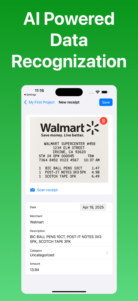 Receipt Scanner by Zeple AI - Interfaz de la aplicación que demuestra el reconocimiento de datos por IA de un recibo de Walmart con el monto total extraído