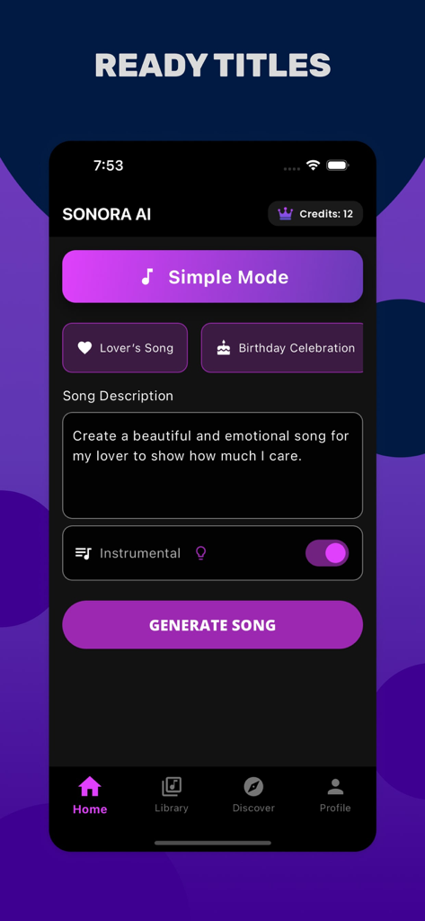 AI Music Generator - Sonora Ai - Mobile app interface of Sonora AI showing options to generate a song using a text description in simple mode
