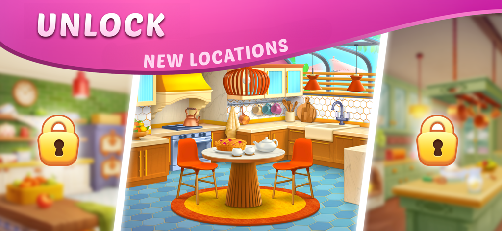DesignVille: Merge & Design - DesignVille의 생생한 주방 디자인과 잠금 해제할 새 위치를 나타내는 잠긴 아이콘