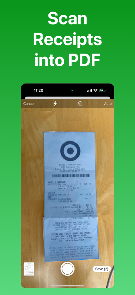 Receipt Scanner by Zeple AI - Interfaz de cámara del Escáner de Recibos por Zeple AI capturando un recibo de tienda para convertirlo en un PDF