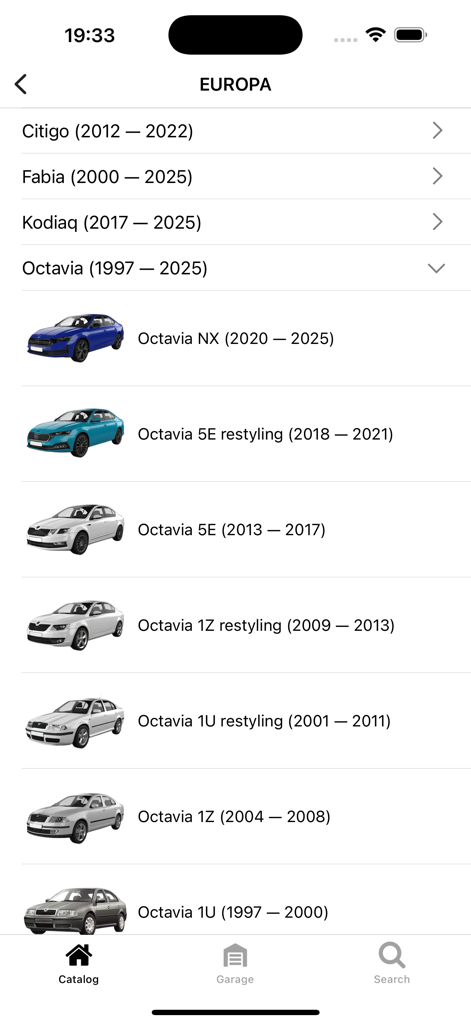 Mobile app screen showing a list of Skoda Octavia generations and models for part identification