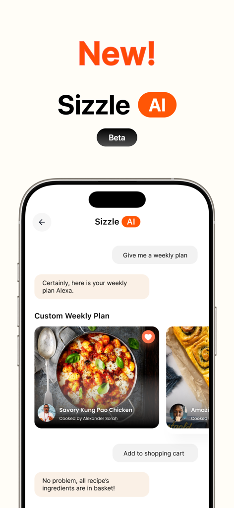 Sizzle - Discover, Shop, Cook! - Sizzle AI chatbot interface generating a custom weekly meal plan with shoppable recipe cards and shopping cart integration.