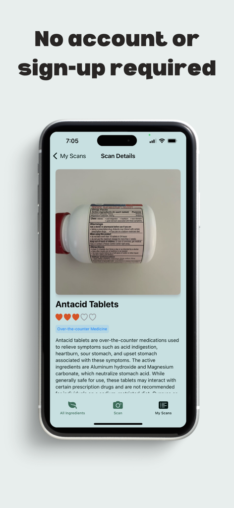 Medicine & Supplement Scanner - Smartphone displaying scan details for antacid tablets in the Medicine and Supplement Scanner app with no sign up required text